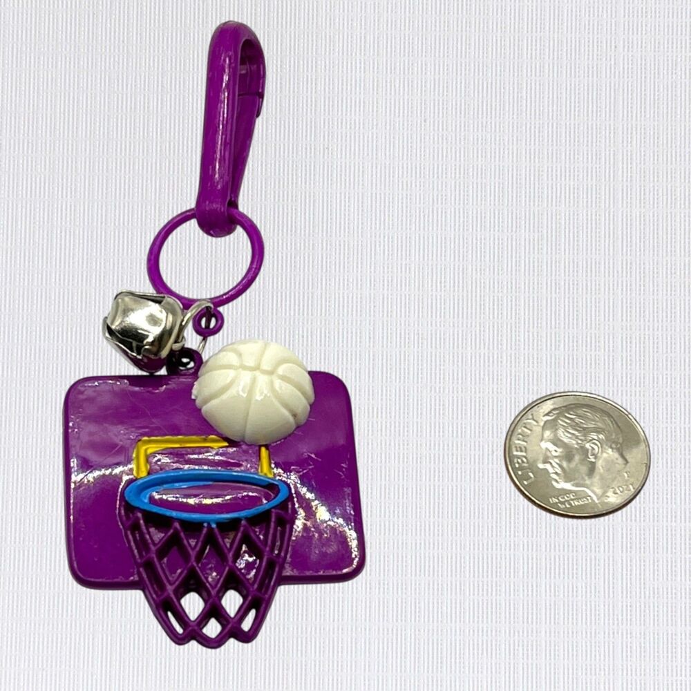 Vintage 80s Bell Charm Clip On Toy Purple Basketball Hoop Goal Plastic Jewelry View 3